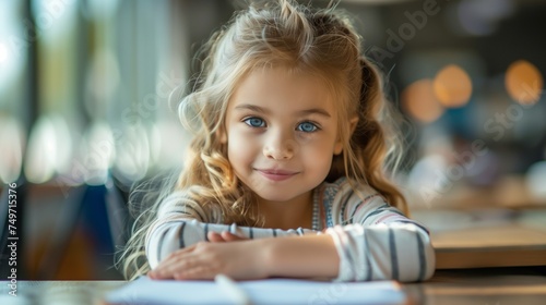 Portrait of a Smiling Young Girl with Blue Eyes at School