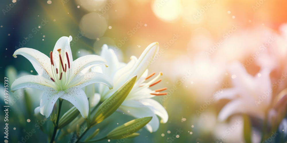 White Lily Flowers. Beautiful Lilies in the summer garden. Floral Background, copy space White Lily Flowers. Beautiful Lilies in the summer garden. Floral Background, copy space