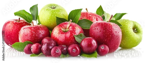 A collection of fresh  ripe red and green apples with leaves attached to them. The apples are isolated on a white background  creating a vibrant and colorful display.