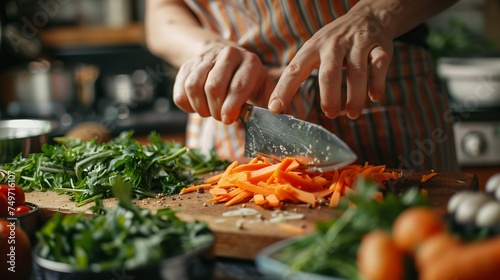 Fresh Vegetables Being Chopped on Wooden Cutting Board in Kitchen