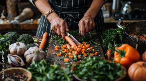 Chef Preparing Fresh Vegetables in a Rustic Kitchen Setting