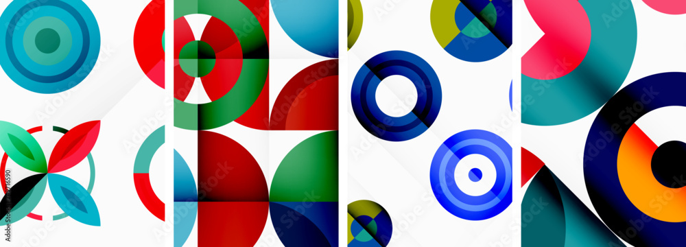 Fototapeta premium Circles and rings geometric backgrounds. Posters for wallpaper, business card, cover, poster, banner, brochure, header, website