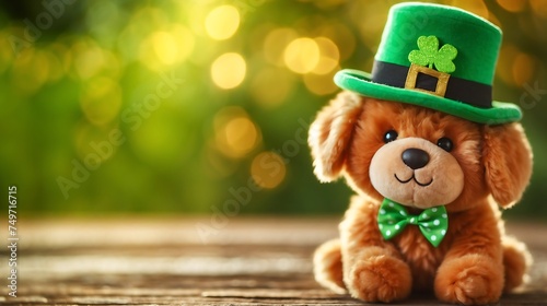 cute teddy dog with St. Patrick's Hat on bokeh background 