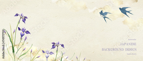 端午の節句の花菖蒲とつばめの背景/ベクター、こどもの日、水彩、手描き photo