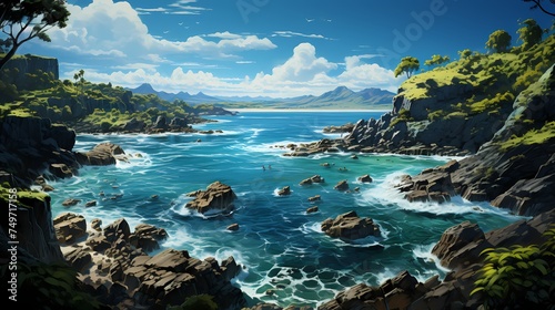 A panoramic view of a secluded cobalt blue ocean cove, surrounded by lush green cliffs