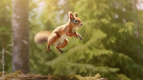 Photo of Eurasian red squirrel Sciurus vulgaris jumping