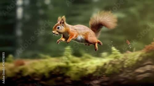 Photo of Eurasian red squirrel Sciurus vulgaris jumping © andri