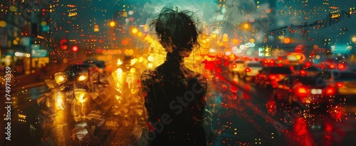 Silhouette of a person overlaid with a vibrant cityscape  symbolizing urban life and the digital age.