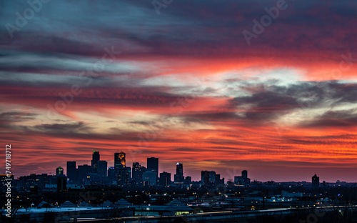 Minneapolis Skyline at Sunset  Dusk  Minnesota  Peach Colored Sky  Clouds  Horizon  Cityscape