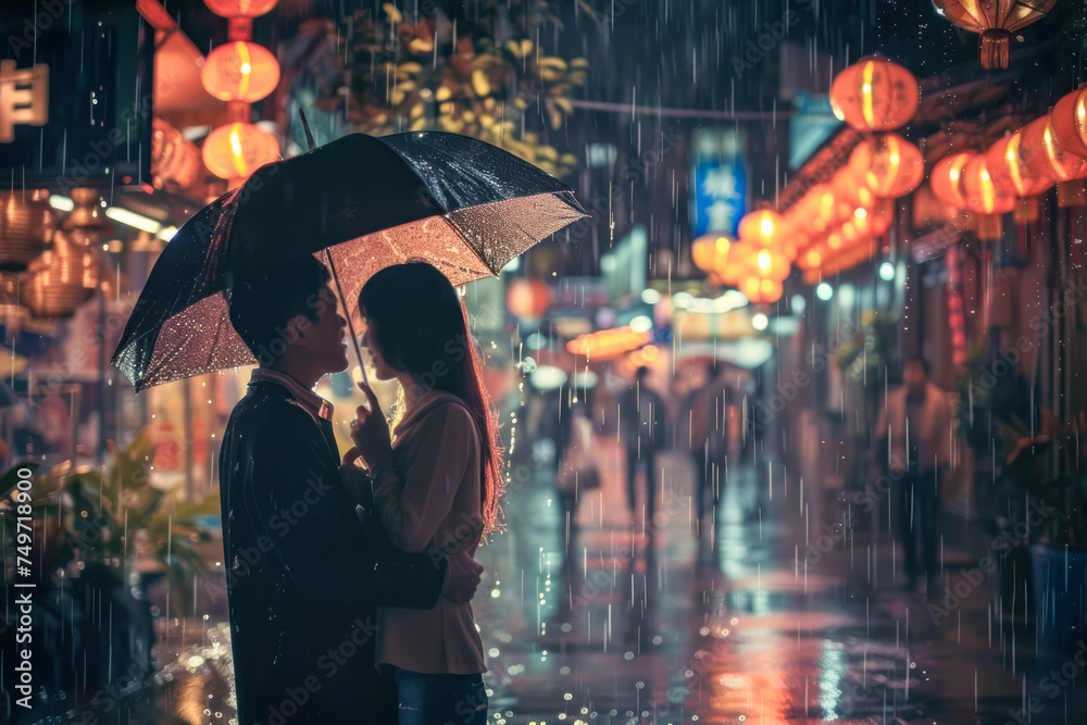 Romantic Couple Sharing an Intimate Moment Under an Umbrella on a Rainy Evening