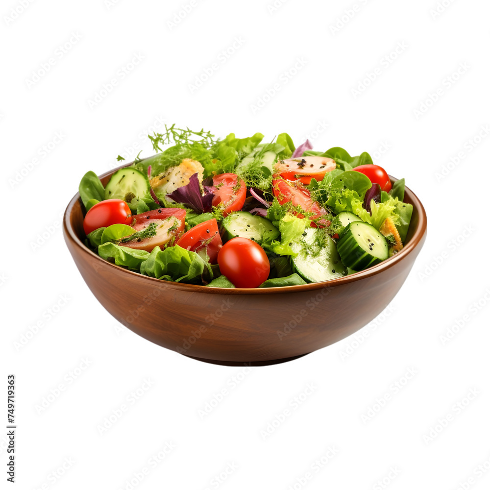 Fresh vegetable salad in a wooden bowl isolated on transparent background