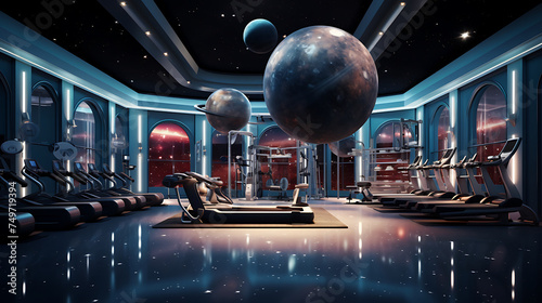 A gym with a cosmic journey theme, featuring space-themed workouts and celestial decor.