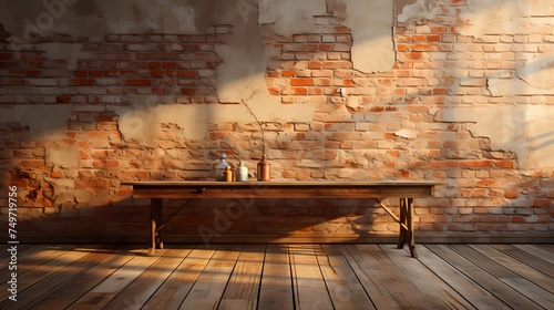 A rustic brick wall bathed in warm sunlight, casting realistic shadows on its textured surface
