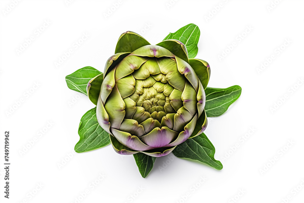 Fototapeta premium Top view of artichoke is isolated on a white background. AI generation.