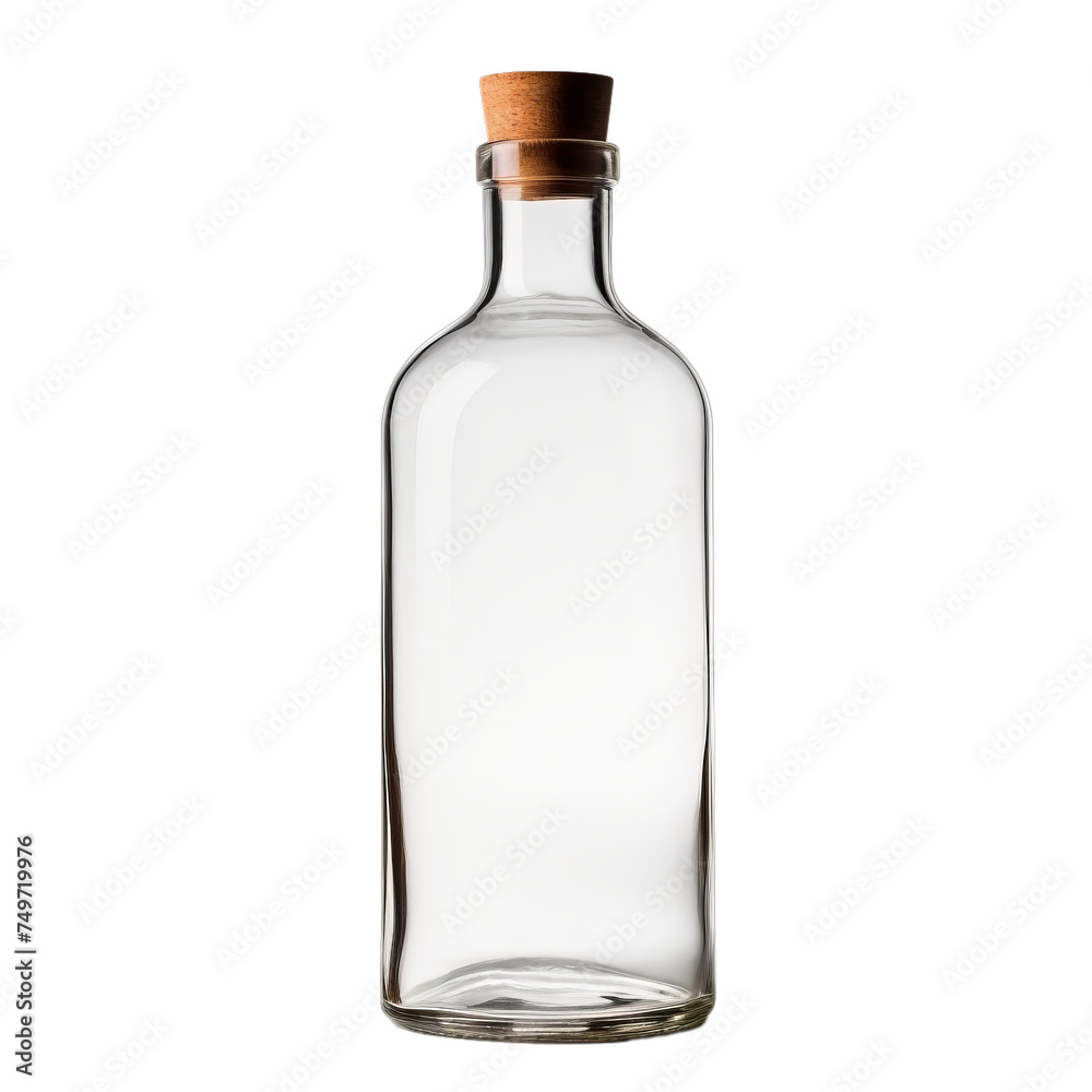 Blank glass bottle with a cork stopper isolated on transparent background, png