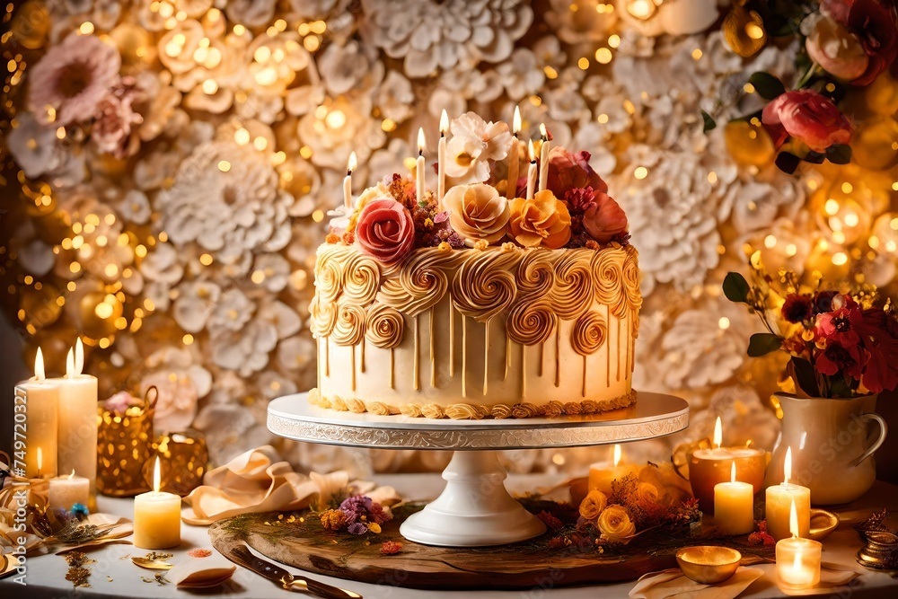  An Intimate Portrait of Birthday Cake Artistry, Revealing Delicate Piped Buttercream Frosting, Edible Floral Embellishments, and Luxurious Gilded Accents. Bask in the Radiance of Candlelight and Fest