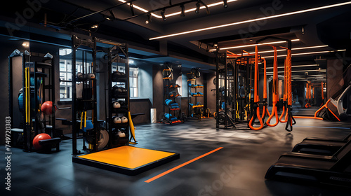 A gym with a focus on functional training, including sleds, plyometric boxes, and suspension trainers. photo