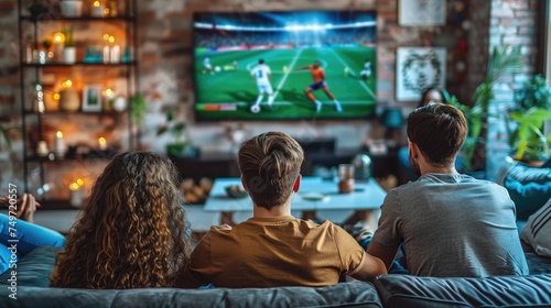 A bunch of friends viewing a football game on television. Generative Ai.