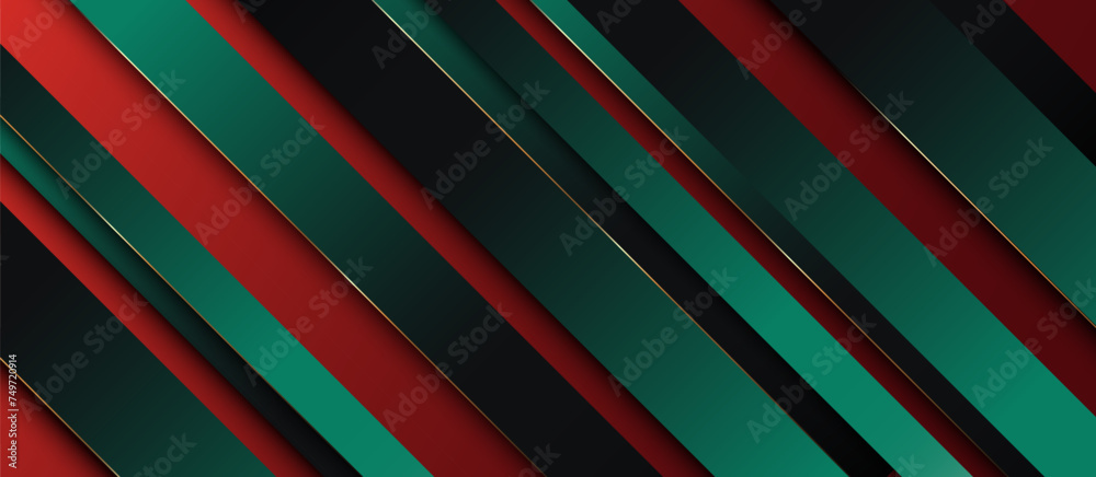 Abstract green and gold geometric diagonal lines in a red background. Modern minimal trendy shiny lines pattern banner. Vector illustration Abstract green and gold geometric diagonal lines in a red background. Modern minimal trendy shiny lines pattern banner. Vector illustration