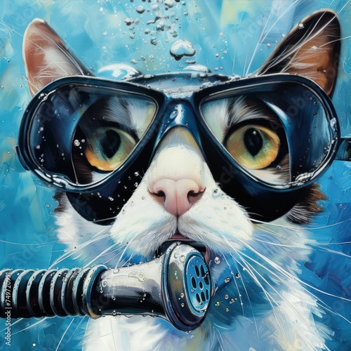 oil painting of Cat Diver With a snorkel and flippers