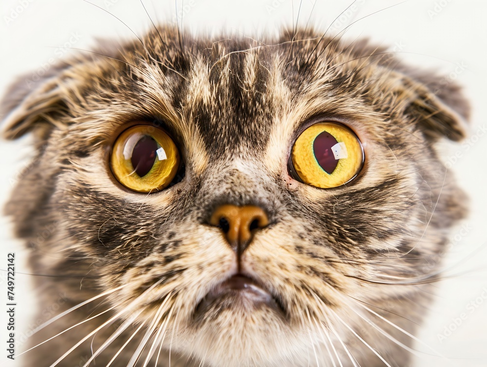 Generative AI : Close up Scottish fold cat head with shocking face and wide open eyes. 