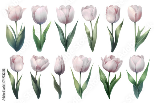 Watercolor illustration material set of white tulips