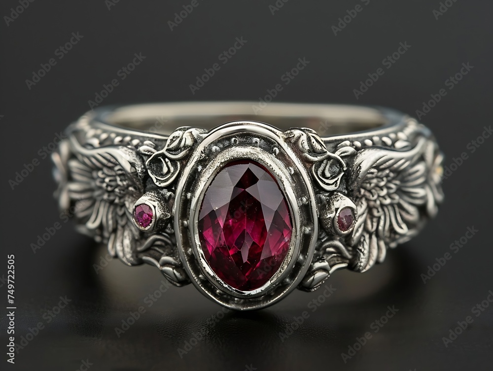 Generative AI : retty ornate silver ring engraved with angelic symbol and adorned with a ruby Generative AI : retty ornate silver ring engraved with angelic symbol and adorned with a ruby