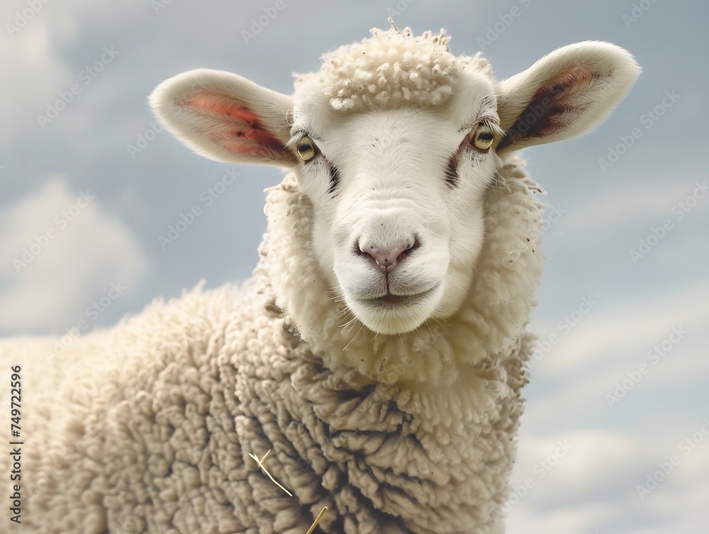 Generative AI : Cute sheep on glass field, farm animal