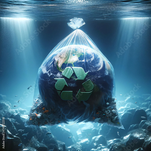 Earth Trapped in Plastic Bag Underwater with Recycling Sign