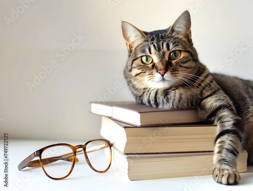 Generative AI : Stack of books, glasses and Scottish cat