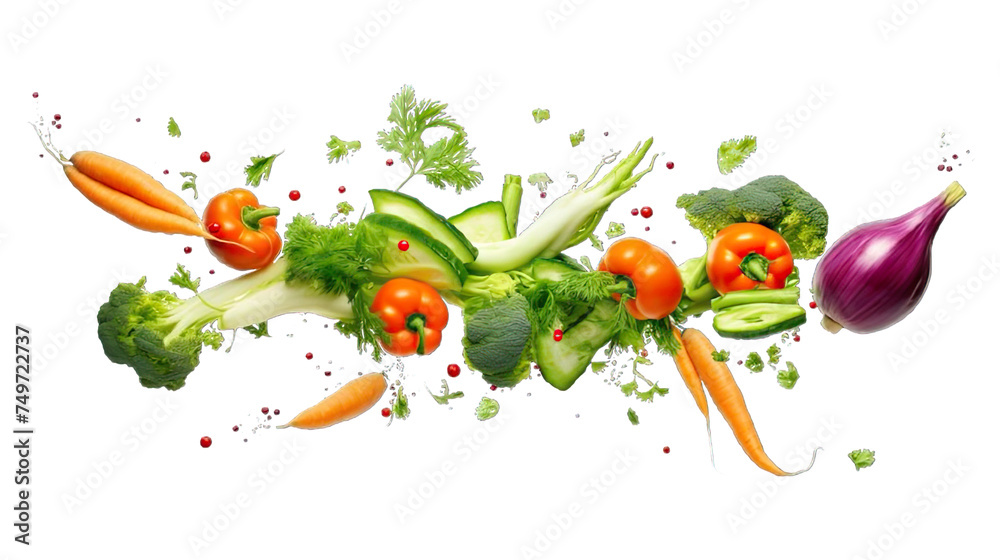 Collection of PNG. Vegetables flying isolated on a transparent background.