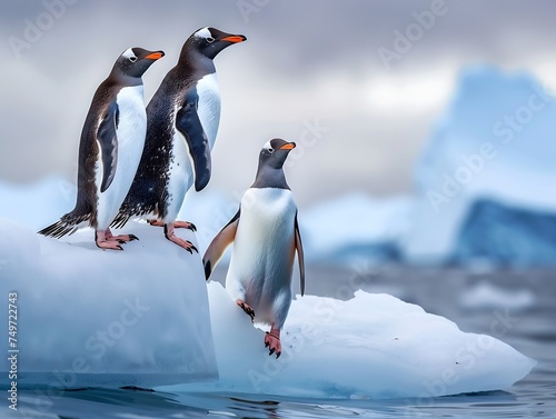 Generative AI : Gentoo penguins standing on floating iceberg in antarctica photo