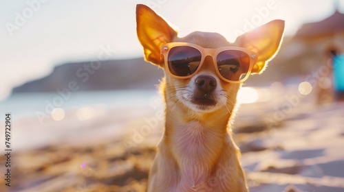 Generative AI : chihuahua dog posing on a beach in sunglasses. © The Little Hut