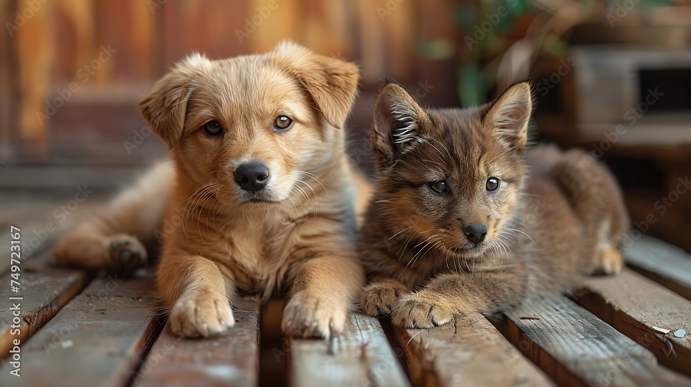 Generative AI : Cat and dog looking sideway in the outdoor table.Kitten and puppy together. Generative AI : Cat and dog looking sideway in the outdoor table.Kitten and puppy together.