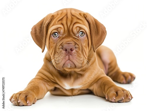 Generative AI : Dogue de Bordeaux puppy, 10 weeks old, lying in front of white background