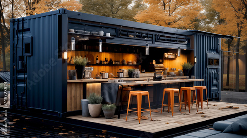 Container cafe, bar minimalist, cafeteria, kiosk, stall, restaurant, coffee shop and food on nature background, a container shop design #749723923