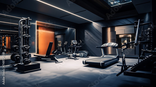 A gym with a James Bond spy theme, featuring secret agent-inspired workout equipment and sleek, modern decor.