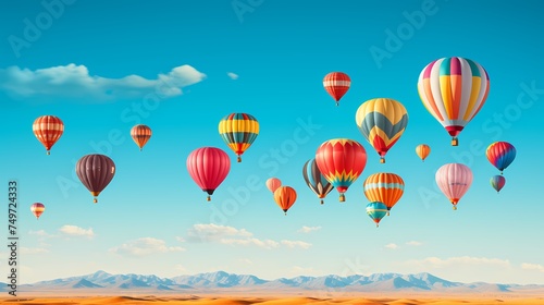 A row of colorful hot air balloons floating in a cloudless sky