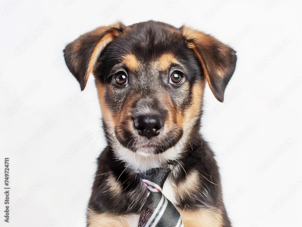 Generative AI : Portrait of a small Mixed Breed puppy with a tie on a white background