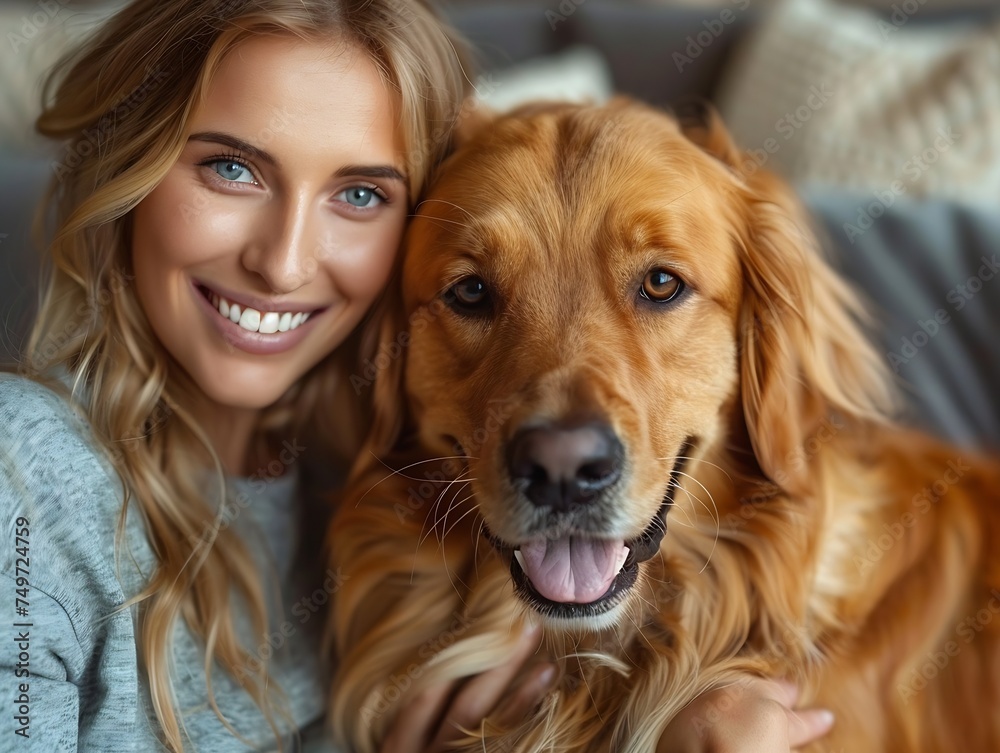 Generative AI : smiling couple, attractive man and woman petting golden retriever