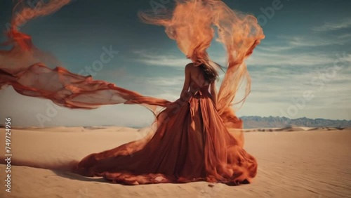 women in desert with cinematic view her dress floating around with air, red dress, orange dressed model generative AI photo