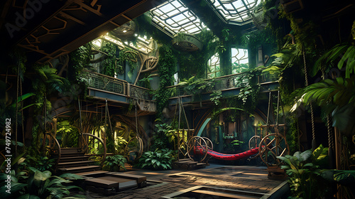 A gym with a jungle theme, using lush foliage and monkey bars for a unique workout experience. photo