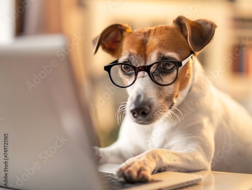 Generative AI : Portrait of dog jack russell terrier in glasses at work on a laptop.