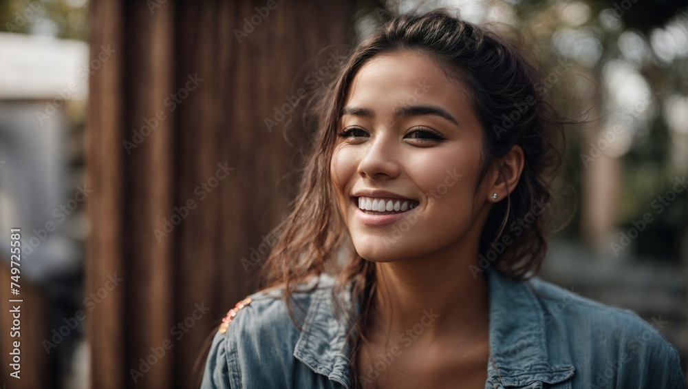 Smiling Woman in Nature: Portrait capturing the beauty of a joyful young lady with a bright smile, surrounded by greenery in an outdoor park during the summer, radiating happiness and warmth