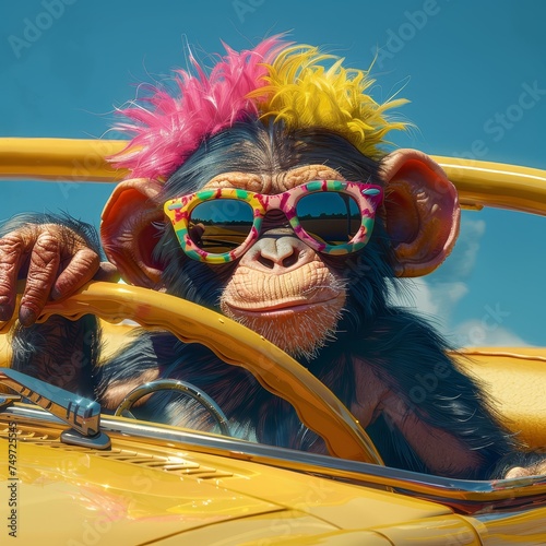 Cheeky monkey in a funky wig and colorful sunglasses, having a blast in a banana-yellow convertible on a sunny day