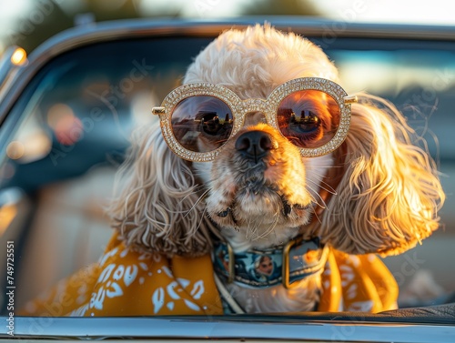 Cocker Spaniel in a glam wig and diamond sunglasses, posing in a convertible at a high-end fashion event photo