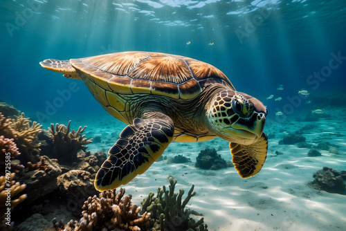 A close up of a sea turtle swimming undersea