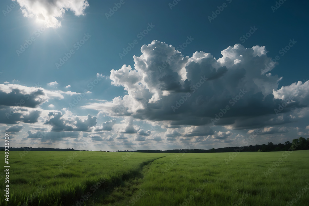 A landscape of green fields with white clouds A landscape of green fields with white clouds