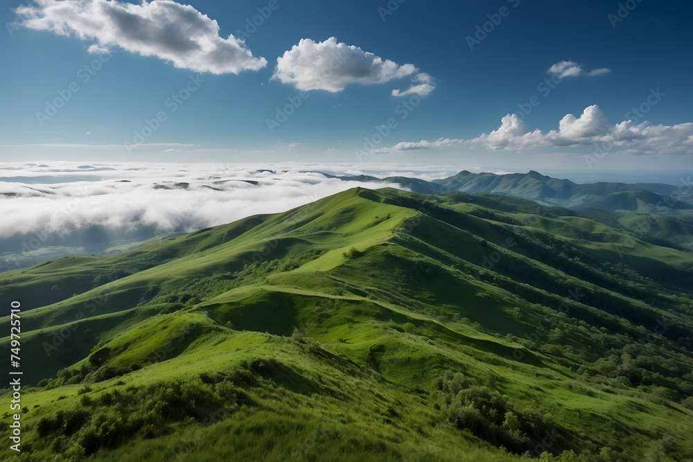 A landscape of green hills with beautiful white clouds