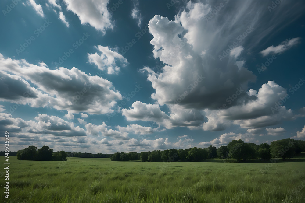 A landscape of green fields with white clouds A landscape of green fields with white clouds